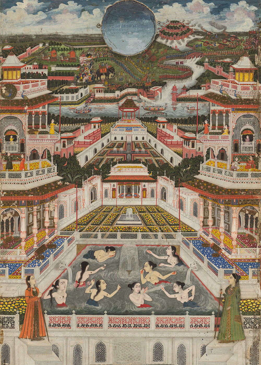 An astonishingly detailed painting of a group of women bathing in the center of a vast city, which is shown in sharp, steep perspective; it seems to rise up and around them, impossibly, showing a vast field of cosmopolitan activity. In the center, in the foreground, they're just having a nice time bathing!