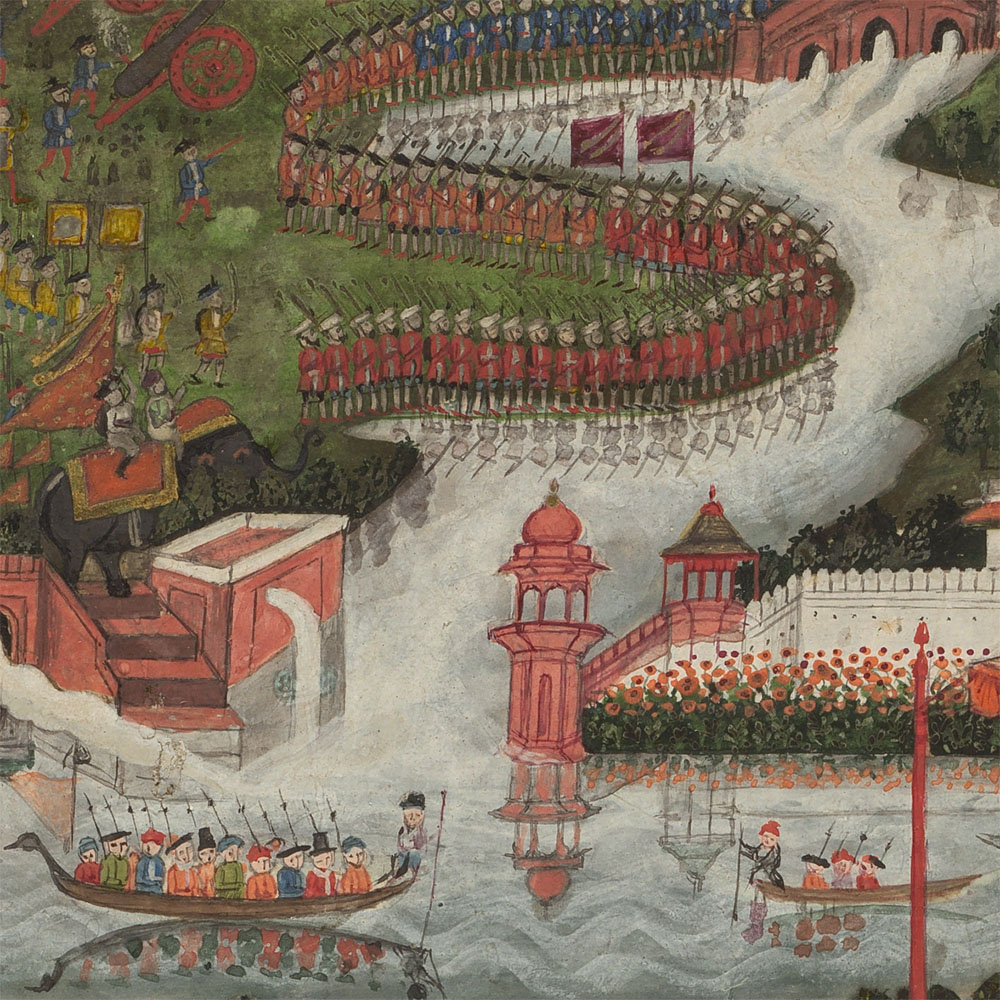 A zoomed-in detail of the painting, a scene set way in the background, where boats are plying a wide river, and a battle is unfolding on a distant plain. Looking at the full painting, you barely notice this, yet here it is! The whole telescoping background is alive with activity.
