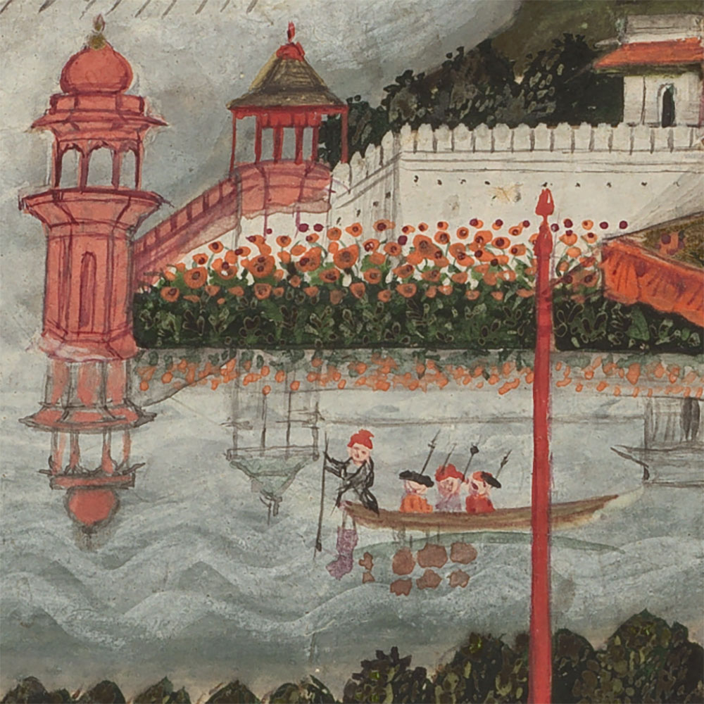 A zoomed-in detail of the painting, showing a group of tiny little people in a boat, their reflections in the water depicted with wonderful pale little blobs of paint.