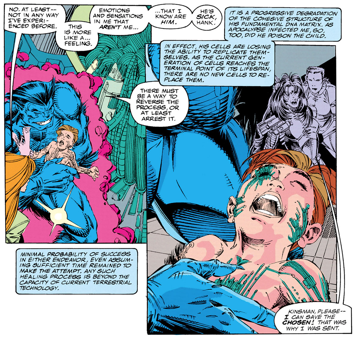 A vintage comic book panel depicting a baby infected with the techno-organic virus, circuitry creeping across his skin.