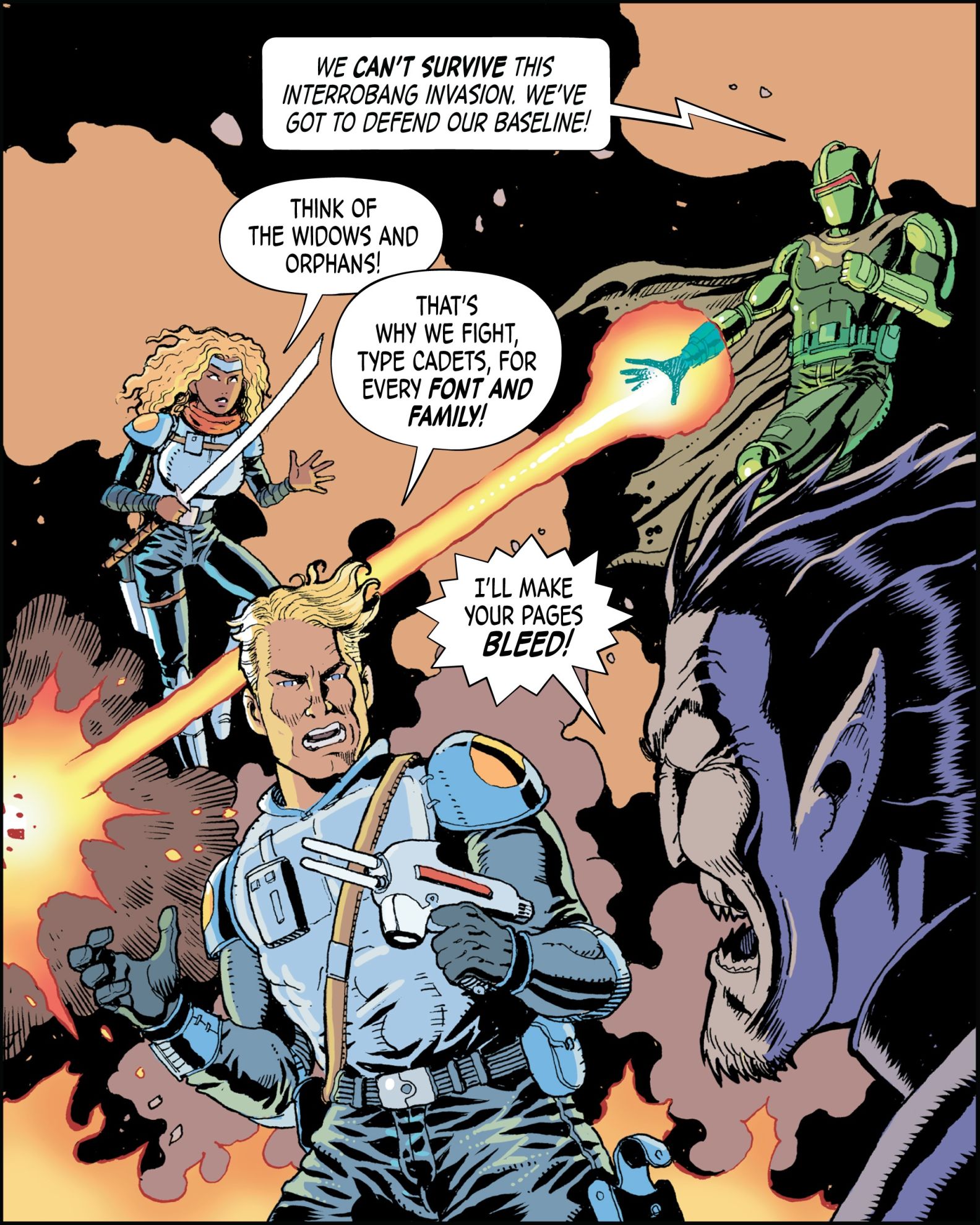 A densely-illustrated comic book panel with several word balloons showing off a new typeface.