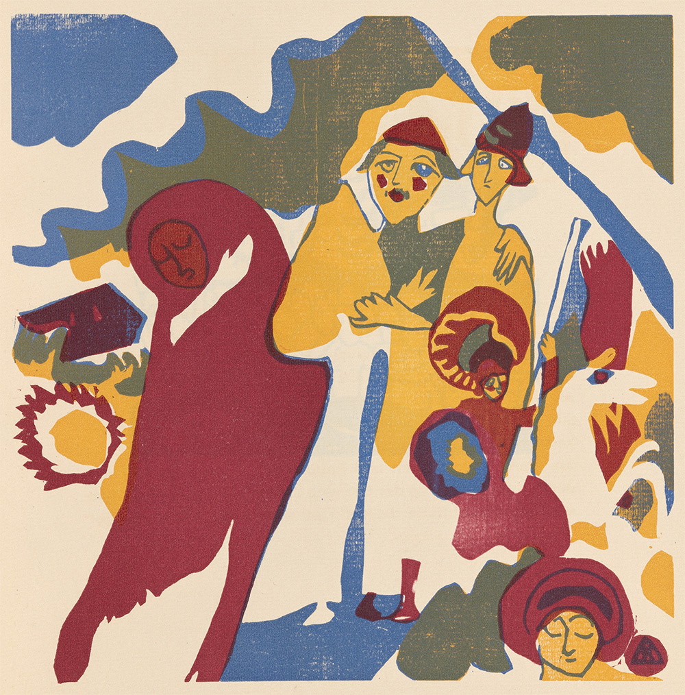 Okay we are back to a sort of figurative image here! Rough-hewn figures, as if cut from pieces of construction paper, stand calmly in the foreground. The prince or knight on his horse is present, too, rearing up in the foreground. Gold and red dominate here, though there's still some blue around the edges.