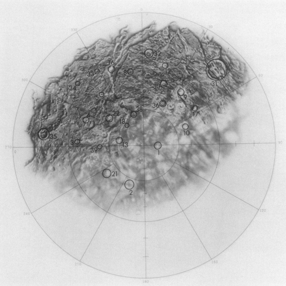 A ghostly half-map of a dark, rocky moon. The reasons for the map's strange, incomplete nature are explained in the linked Instagram post.