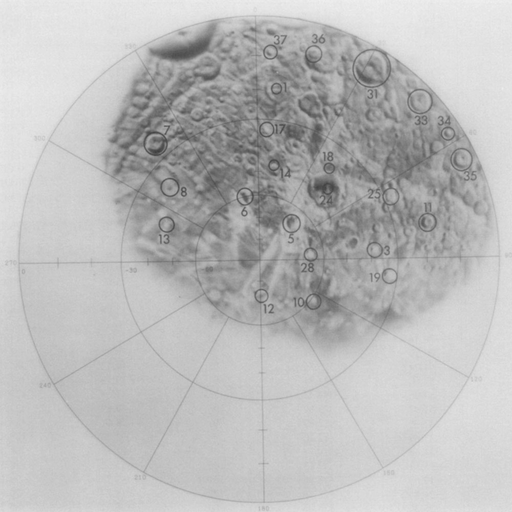 A ghostly half-map of a dark, rocky moon. The reasons for the map's strange, incomplete nature are explained in the linked Instagram post.