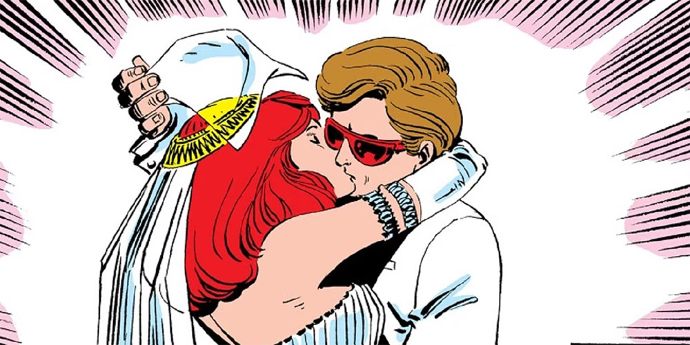 A vintage comic book panel depicting the wedding of two X-Men.