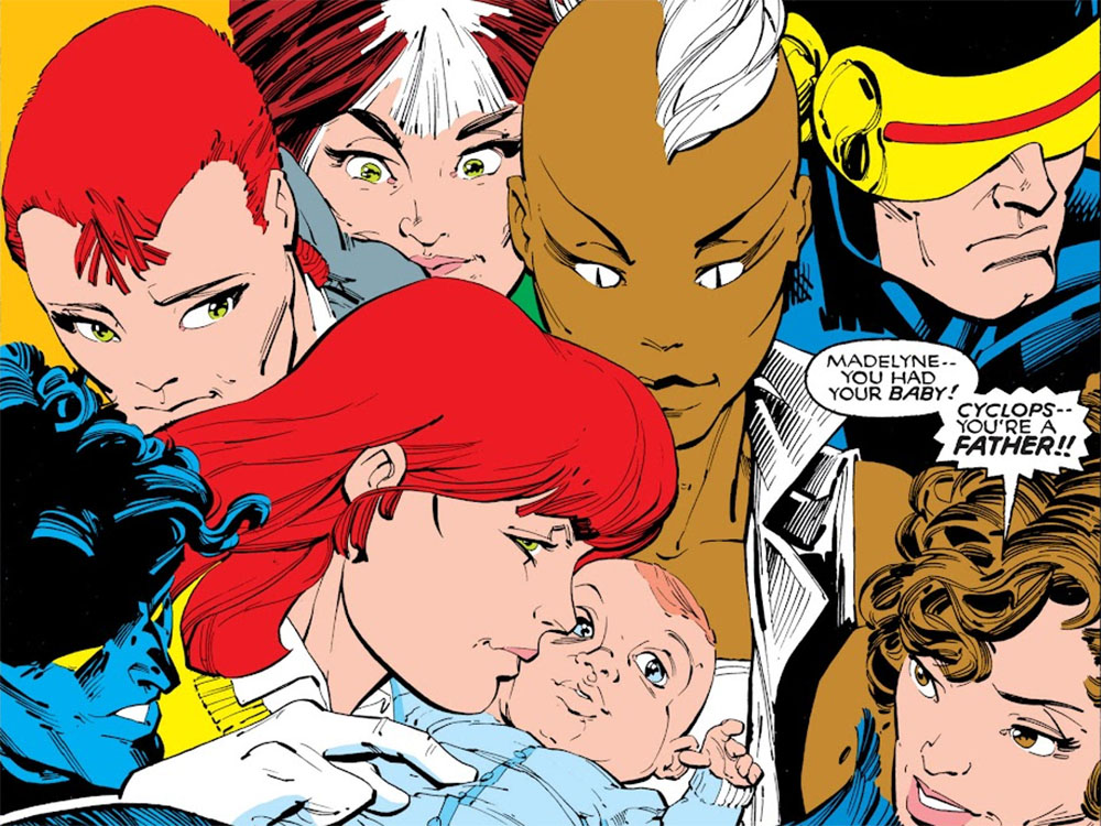 A vintage comic book panel depicting a group of X-Men all cooing over an infant.